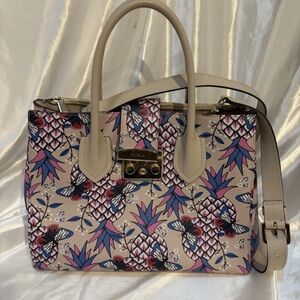 Rare Furla Satchel Crossbody Strap Leather Handbag Pineapples Butterfly Italian